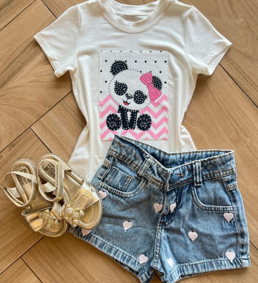 Blusa Infantil Feminina Manga Curta Malha Branca Panda Fernanda Ramos Kids