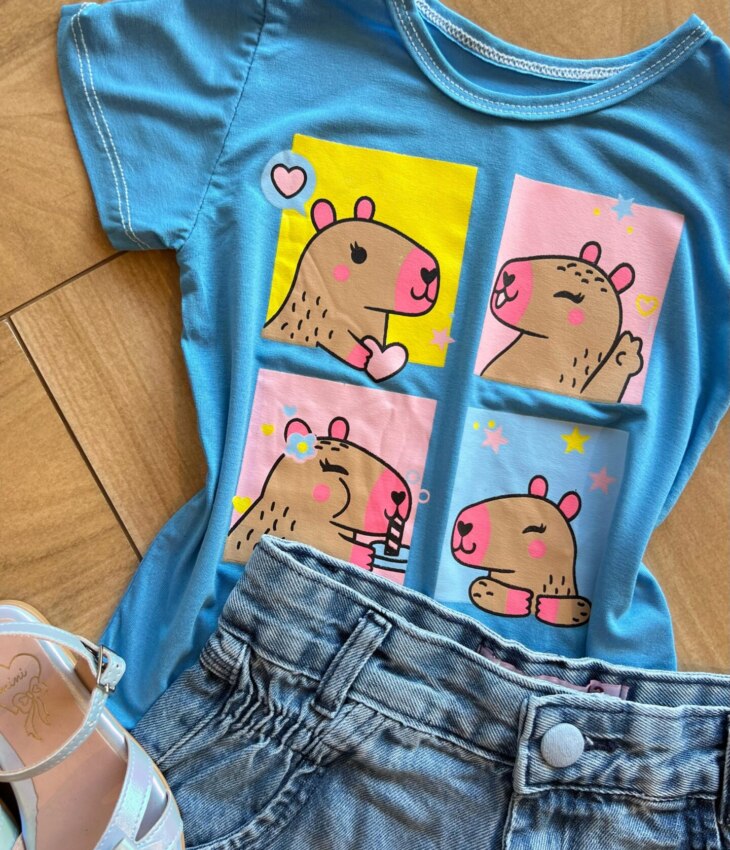fernandaramoskids com br Blusa Infantil Feminina Manga Curta Malha Capivara Azul1