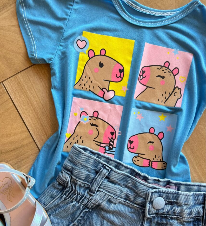 fernandaramoskids com br Blusa Infantil Feminina Manga Curta Malha Capivara Azul1