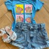 Blusa Infantil Feminina Manga Curta Malha Capivara Azul Fernanda Ramos Kids