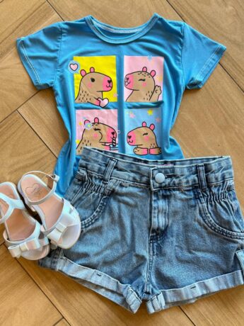 Blusa Infantil Feminina Manga Curta Malha Capivara Azul Fernanda Ramos Kids