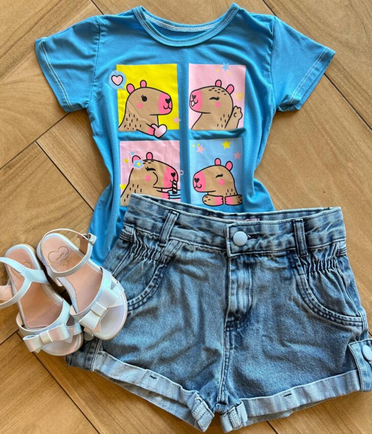Blusa Infantil Feminina Manga Curta Malha Capivara Azul Fernanda Ramos Kids