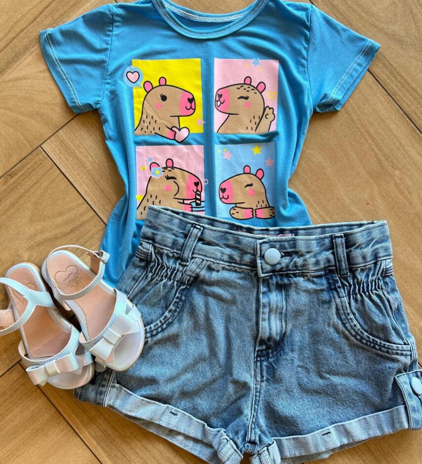 Blusa Infantil Feminina Manga Curta Malha Capivara Azul Fernanda Ramos Kids