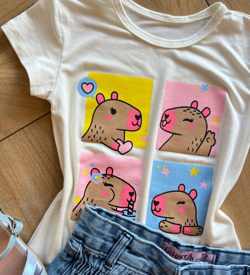 fernandaramoskids com br Blusa Infantil Feminina Manga Curta Malha Capivara Off White1
