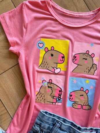 fernandaramoskids com br Blusa Infantil Feminina Manga Curta Malha Capivara Rosa1