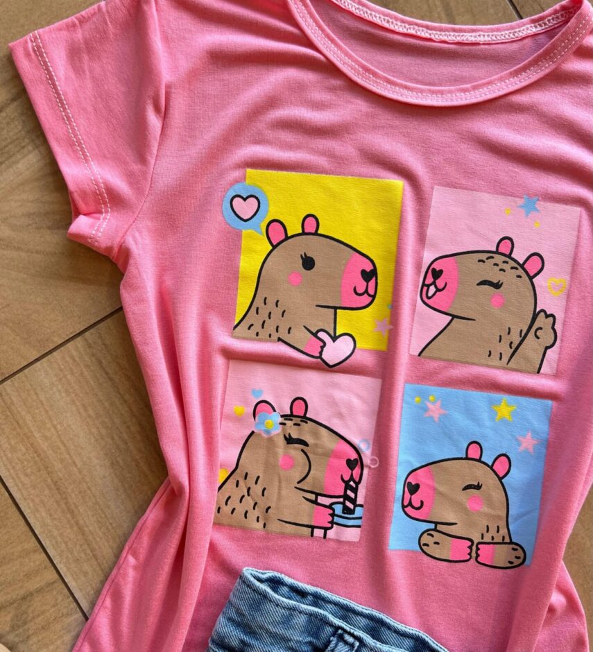 fernandaramoskids com br Blusa Infantil Feminina Manga Curta Malha Capivara Rosa1