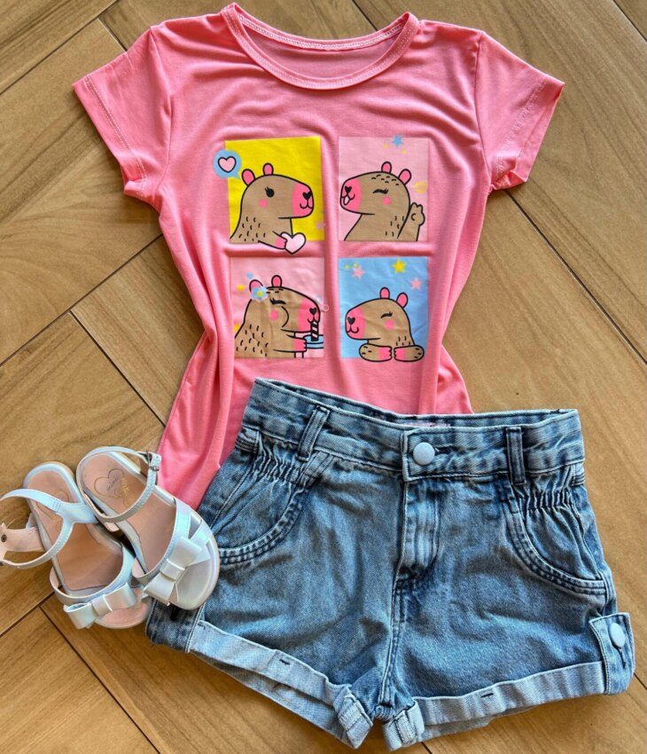 Blusa Infantil Feminina Manga Curta Malha Capivara Rosa Fernanda Ramos Kids