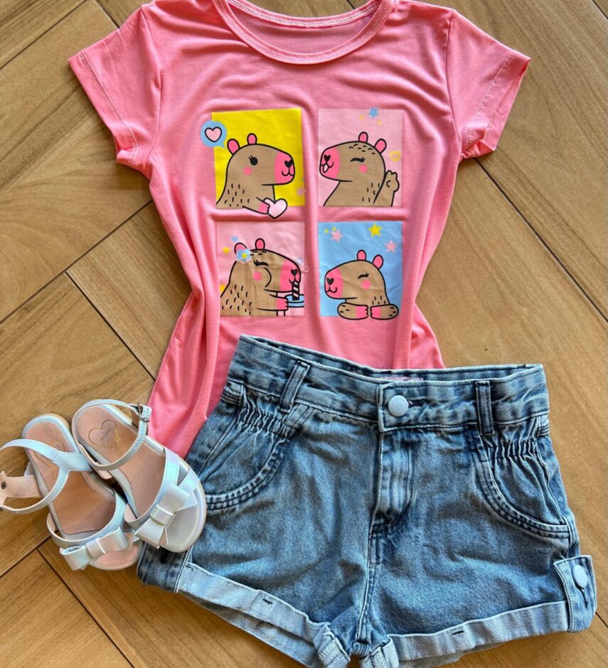 Blusa Infantil Feminina Manga Curta Malha Capivara Rosa Fernanda Ramos Kids
