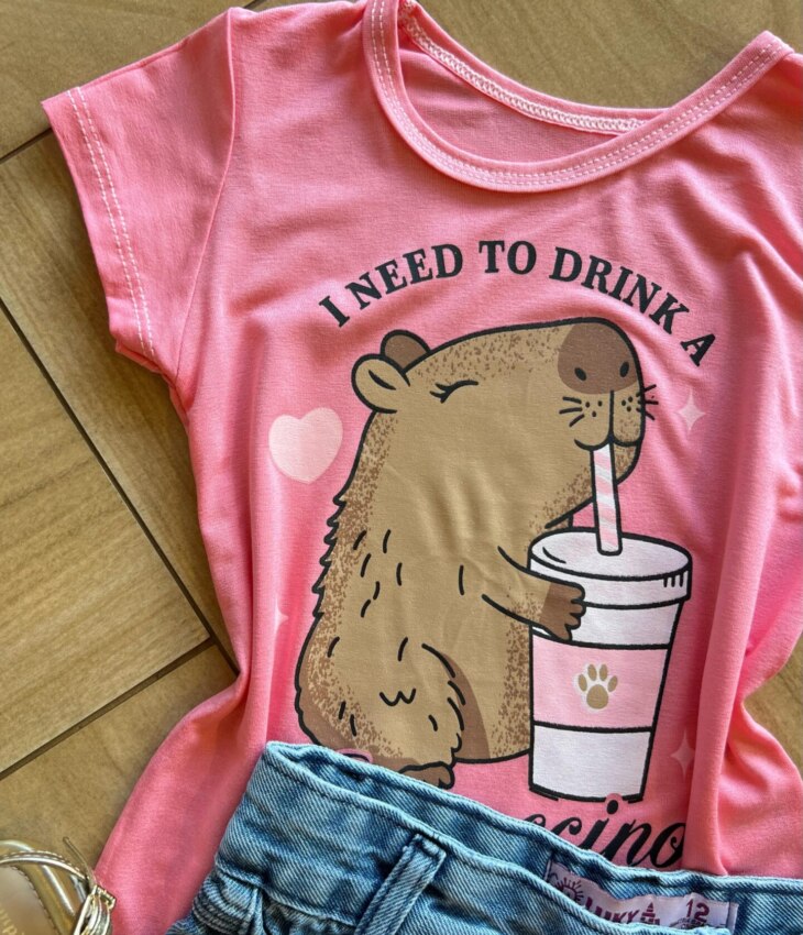 fernandaramoskids com br Blusa Infantil Feminina Manga Curta Malha Capy ccino Rosa1