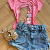 Blusa Infantil Feminina Manga Curta Malha Capy ccino Rosa Fernanda Ramos Kids