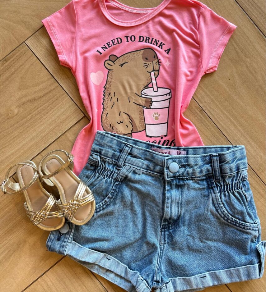 Blusa Infantil Feminina Manga Curta Malha Capy ccino Rosa Fernanda Ramos Kids