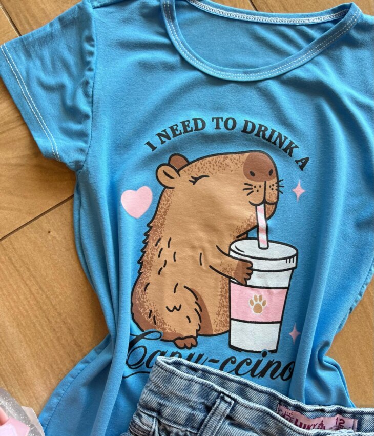 fernandaramoskids com br Blusa Infantil Feminina Manga Curta Malha Capy ccino Azul1