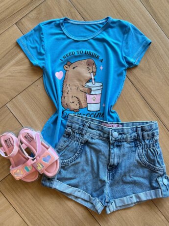 Blusa Infantil Feminina Manga Curta Malha Capy ccino Azul Fernanda Ramos Kids