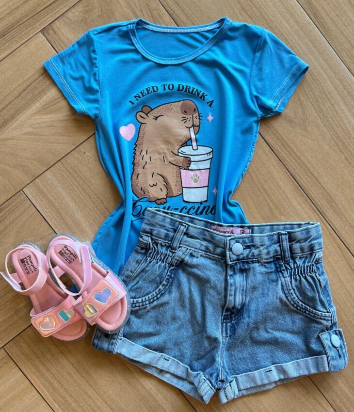 Blusa Infantil Feminina Manga Curta Malha Capy ccino Azul Fernanda Ramos Kids