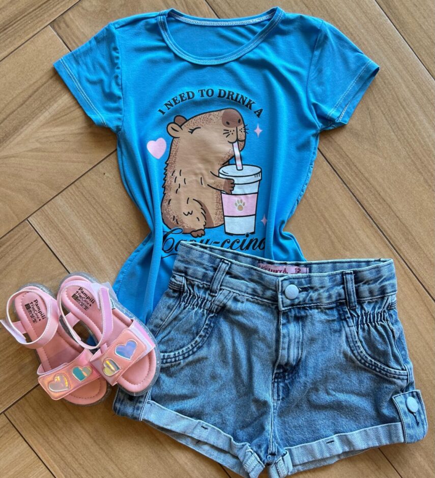 Blusa Infantil Feminina Manga Curta Malha Capy ccino Azul Fernanda Ramos Kids
