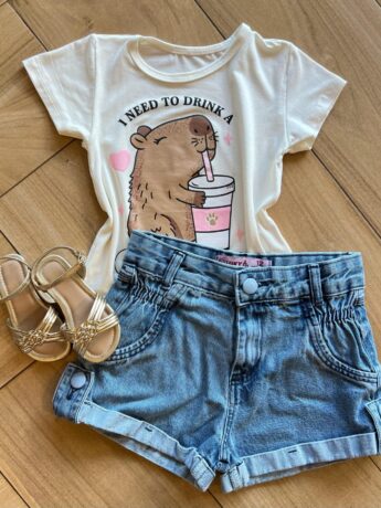 Blusa Infantil Feminina Manga Curta Malha Capy ccino Off White Fernanda Ramos Kids