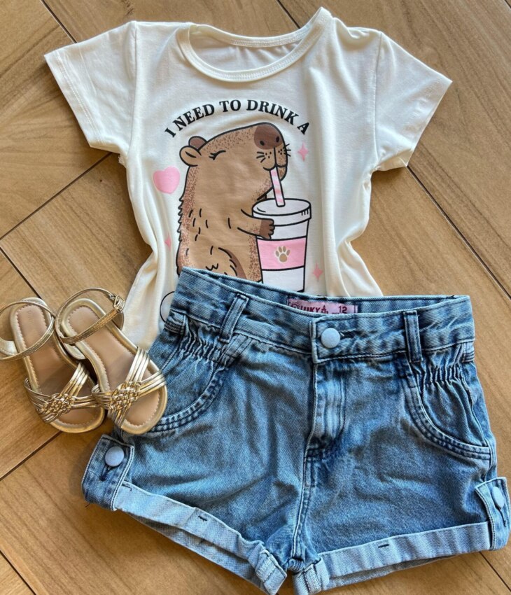Blusa Infantil Feminina Manga Curta Malha Capy ccino Off White Fernanda Ramos Kids