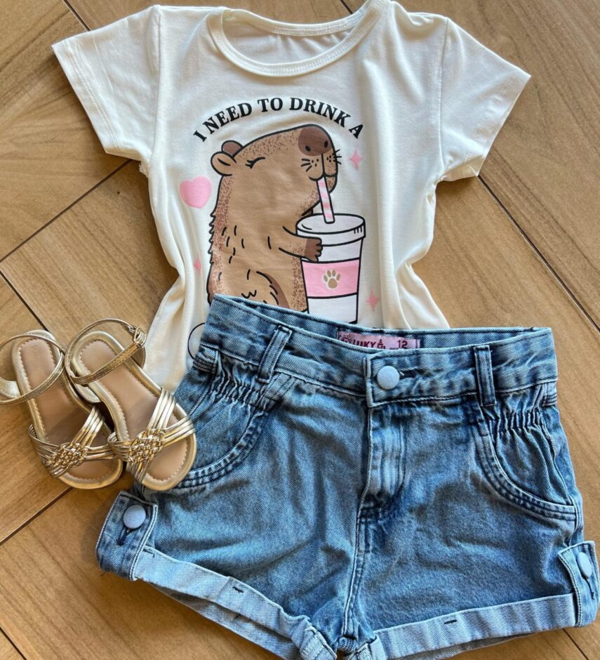 Blusa Infantil Feminina Manga Curta Malha Capy ccino Off White Fernanda Ramos Kids