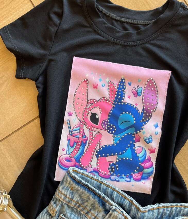 fernandaramoskids com br Blusa Infantil Feminina Manga Curta Malha Preta Estampada1