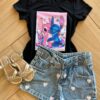 Blusa Infantil Feminina Manga Curta Malha Preta Estampada Fernanda Ramos Kids