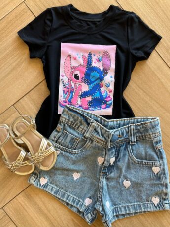 Blusa Infantil Feminina Manga Curta Malha Preta Estampada Fernanda Ramos Kids