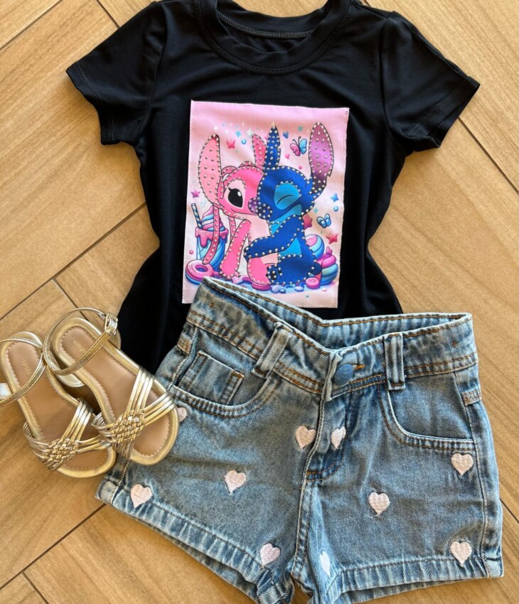 Blusa Infantil Feminina Manga Curta Malha Preta Estampada Fernanda Ramos Kids