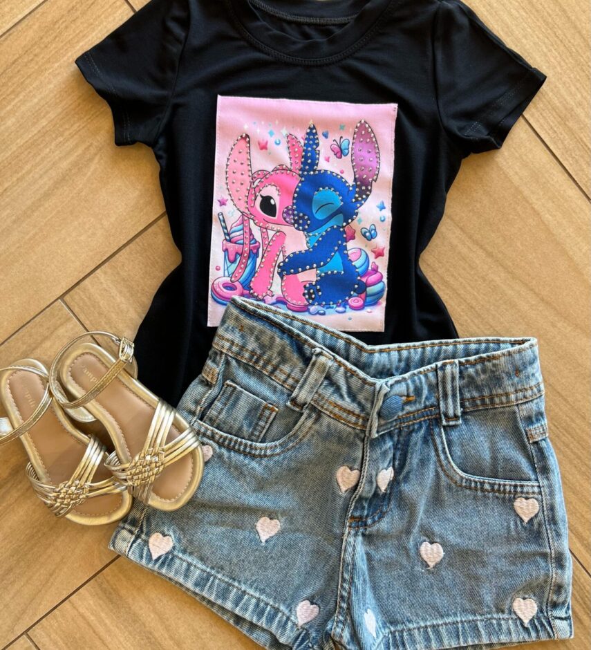 Blusa Infantil Feminina Manga Curta Malha Preta Estampada Fernanda Ramos Kids