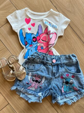 Blusa Infantil Feminina Manga Curta Malha Stich Apaixonado Fernanda Ramos Kids