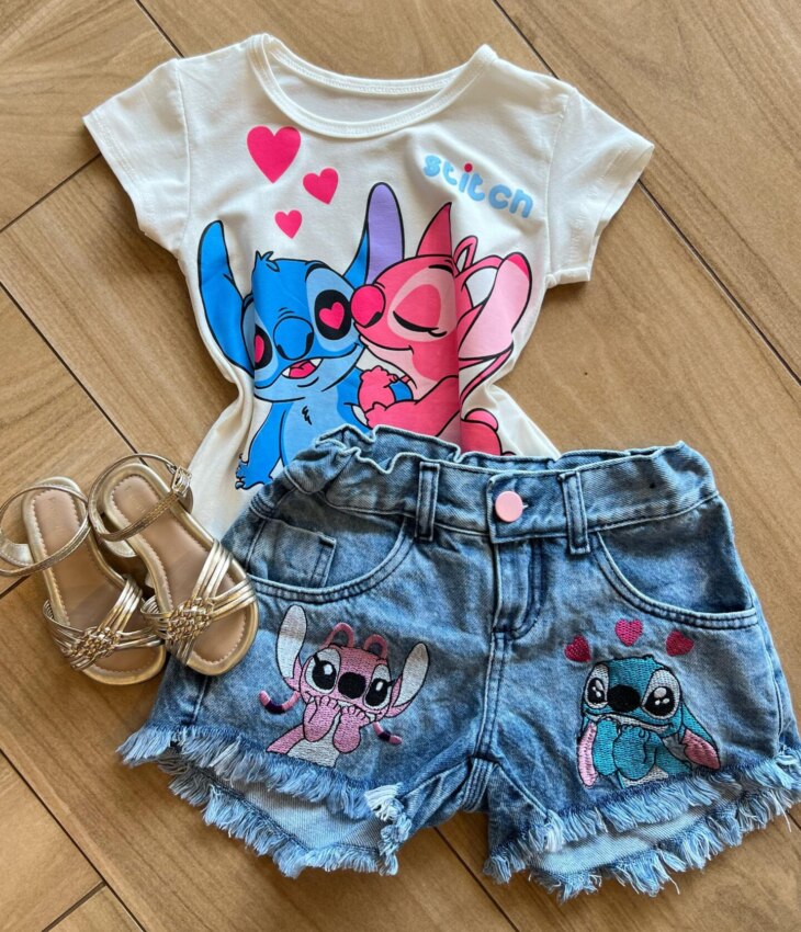 Blusa Infantil Feminina Manga Curta Malha Stich Apaixonado Fernanda Ramos Kids