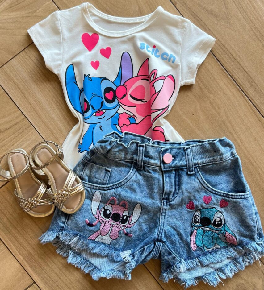 Blusa Infantil Feminina Manga Curta Malha Stich Apaixonado Fernanda Ramos Kids