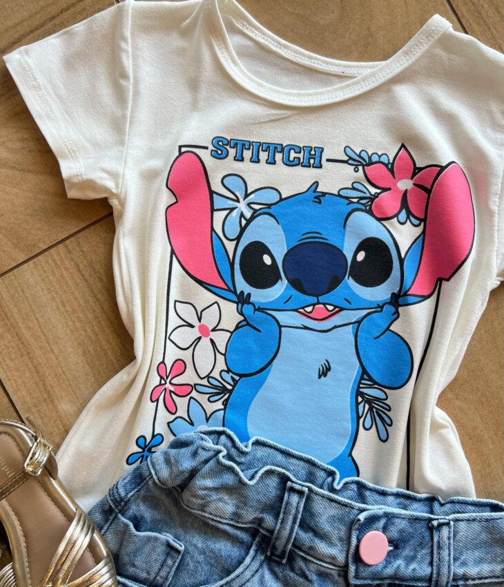 fernandaramoskids com br Blusa Infantil Feminina Manga Curta Malha Stich Encantado Off White1