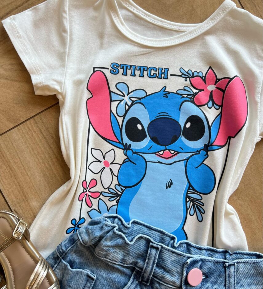 fernandaramoskids com br Blusa Infantil Feminina Manga Curta Malha Stich Encantado Off White1