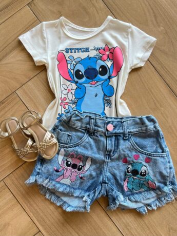 Blusa Infantil Feminina Manga Curta Malha Stich Encantado Off White Fernanda Ramos Kids
