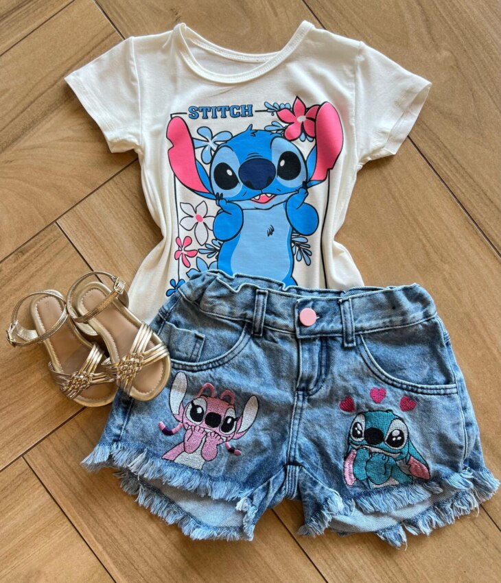 Blusa Infantil Feminina Manga Curta Malha Stich Encantado Off White Fernanda Ramos Kids