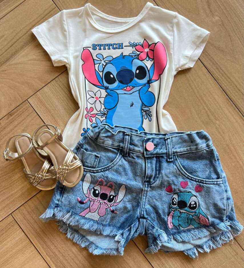 Blusa Infantil Feminina Manga Curta Malha Stich Encantado Off White Fernanda Ramos Kids