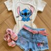 Blusa Infantil Feminina Manga Curta Malha Stich Ohana Fernanda Ramos Kids