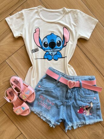 Blusa Infantil Feminina Manga Curta Malha Stich Ohana Fernanda Ramos Kids