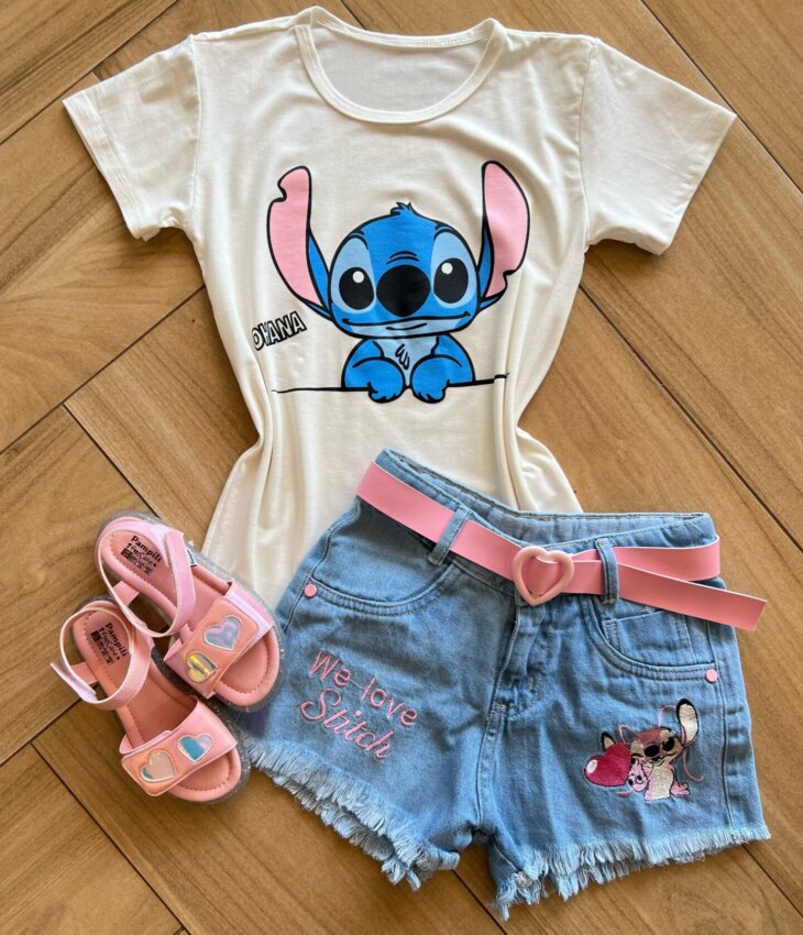 Blusa Infantil Feminina Manga Curta Malha Stich Ohana Fernanda Ramos Kids