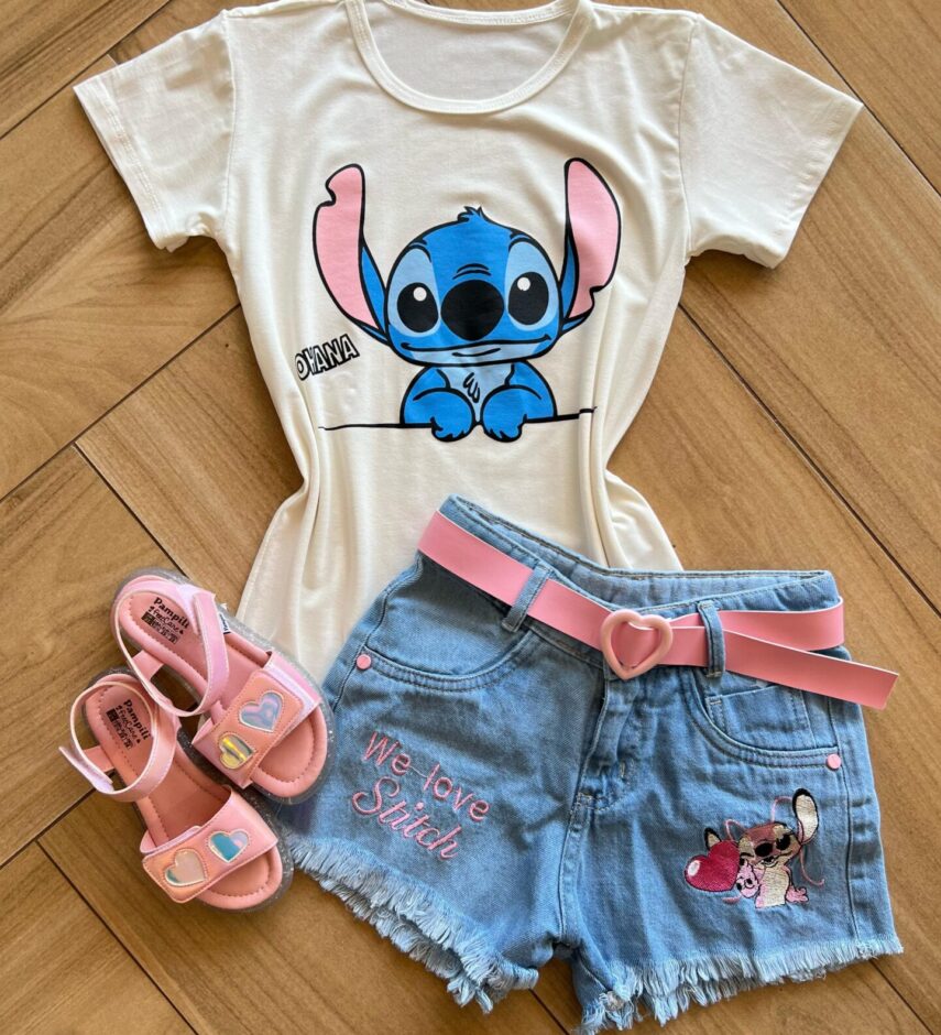Blusa Infantil Feminina Manga Curta Malha Stich Ohana Fernanda Ramos Kids