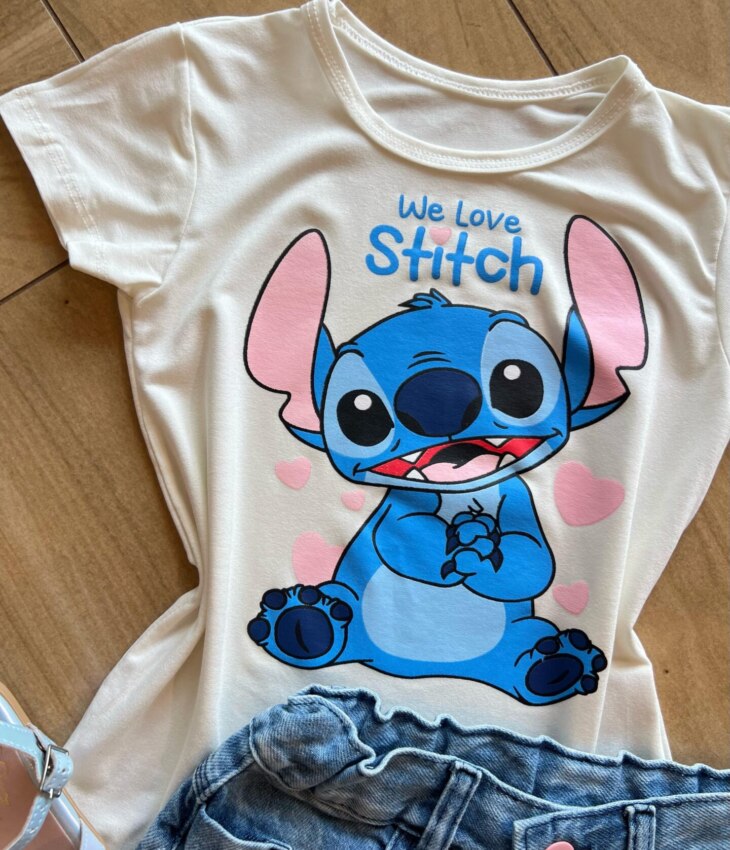 fernandaramoskids com br Blusa Infantil Feminina Manga Curta Malha Stich We Love Off White1
