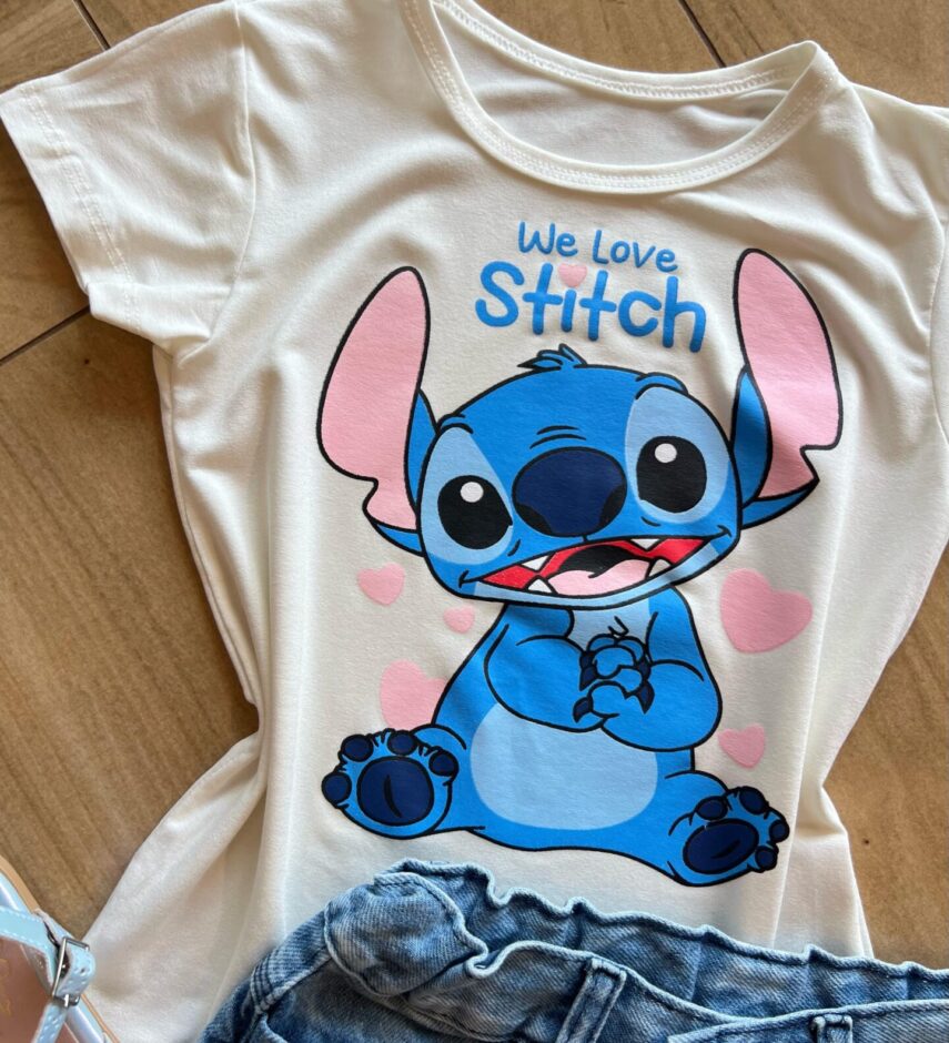fernandaramoskids com br Blusa Infantil Feminina Manga Curta Malha Stich We Love Off White1