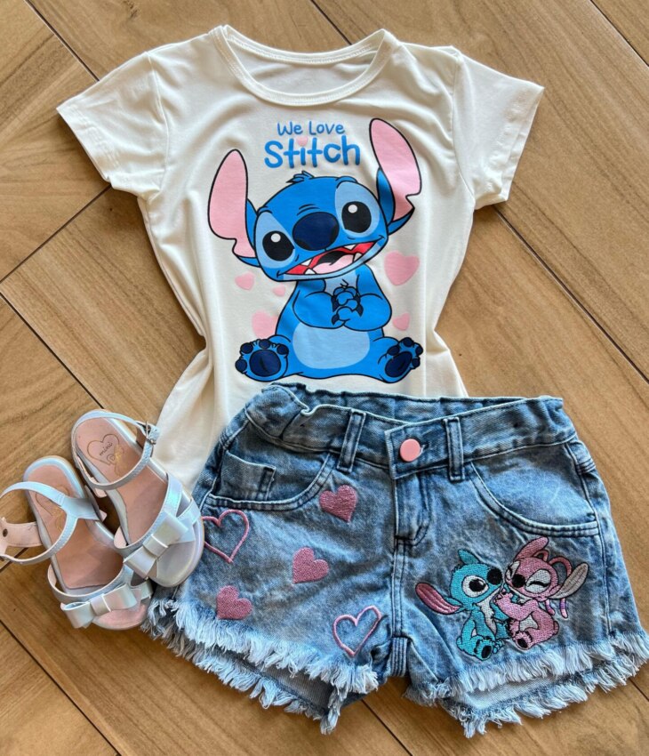 Blusa Infantil Feminina Manga Curta Malha Stich We Love Off White Fernanda Ramos Kids