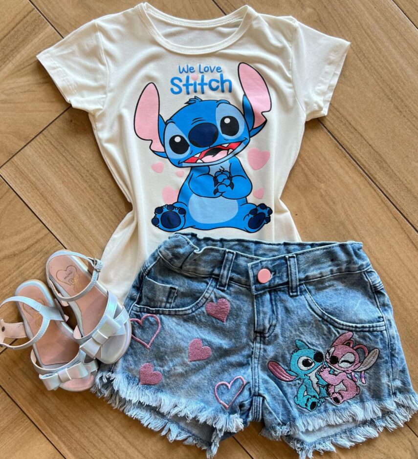 Blusa Infantil Feminina Manga Curta Malha Stich We Love Off White Fernanda Ramos Kids