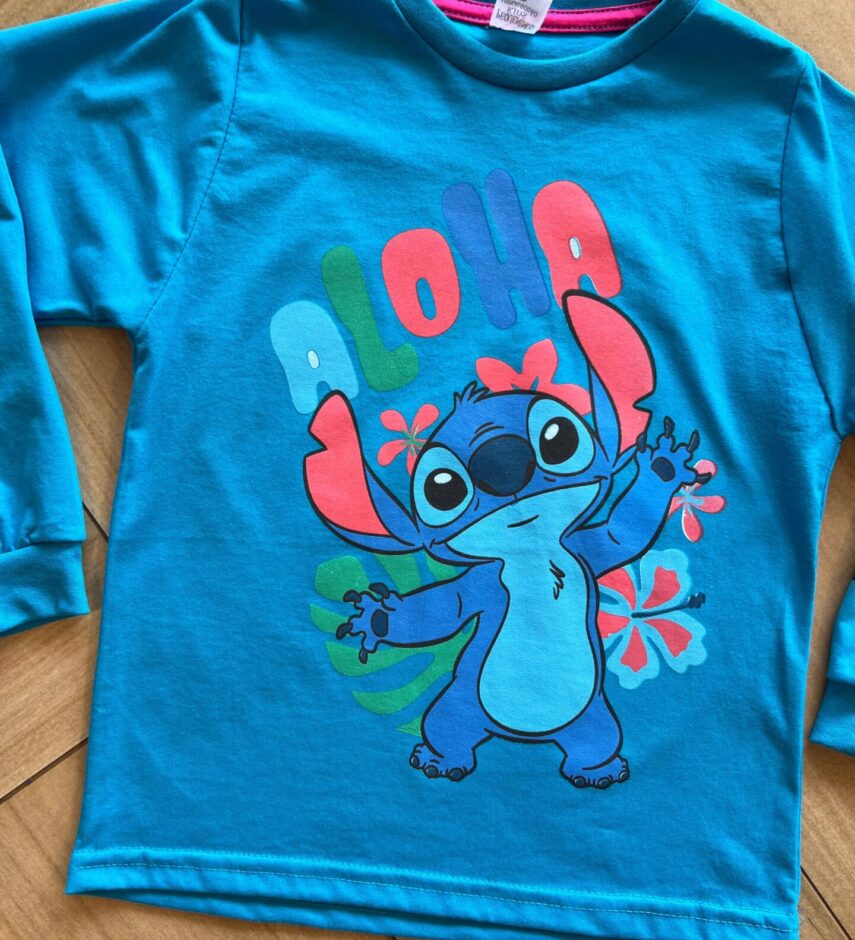 fernandaramoskids com br Blusa Manga Longa Infantil Feminina Stitch Ahola Azul1