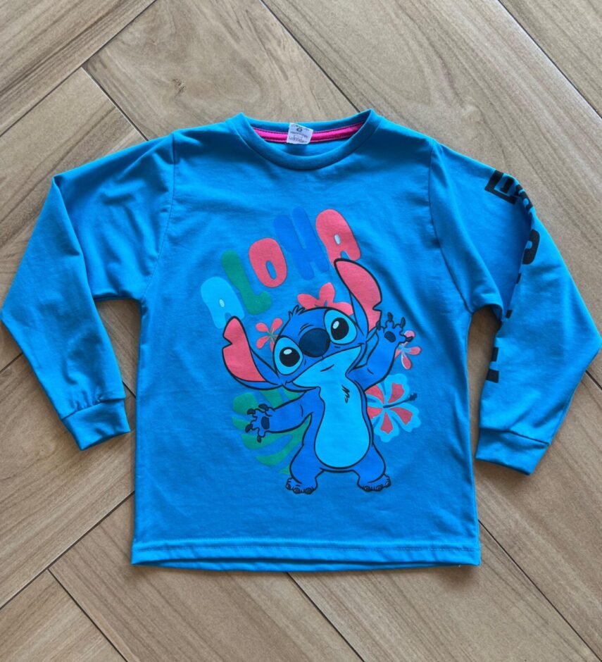 Blusa Manga Longa Infantil Feminina Stitch Ahola Azul Fernanda Ramos Kids