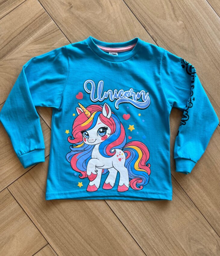 Blusa Manga Longa Infantil Feminina Unicorn Azul Fernanda Ramos Kids