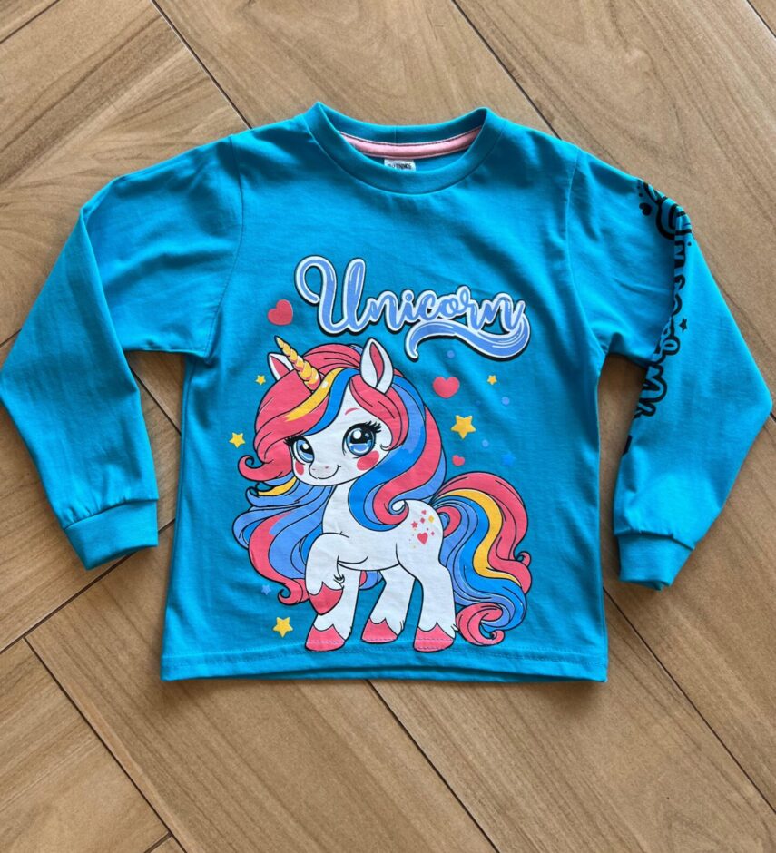 Blusa Manga Longa Infantil Feminina Unicorn Azul Fernanda Ramos Kids