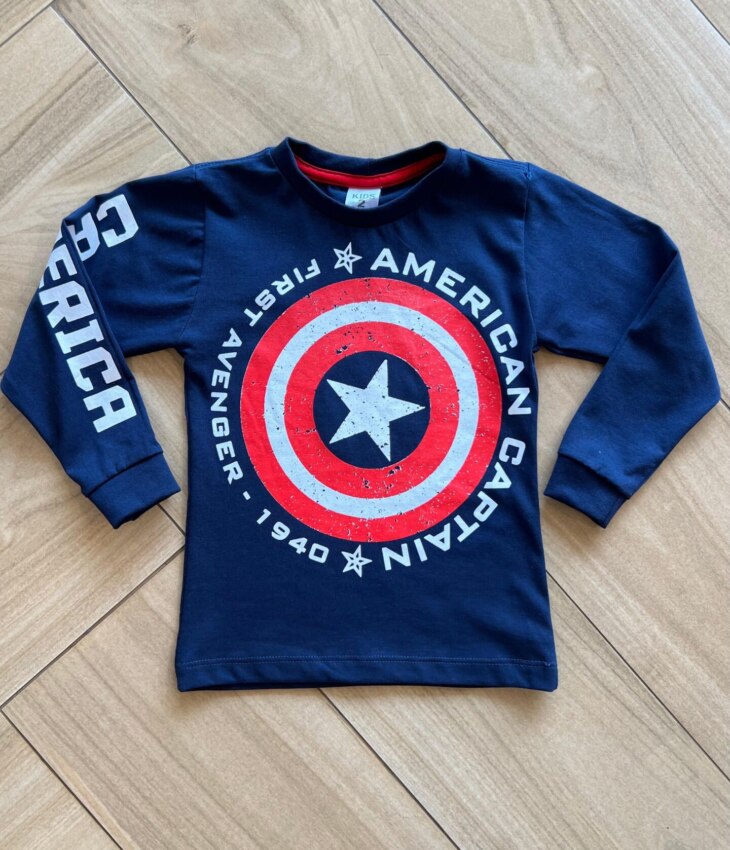 Camiseta Infantil Masculina Manga Longa Capitão América Azul Fernanda Ramos Kids