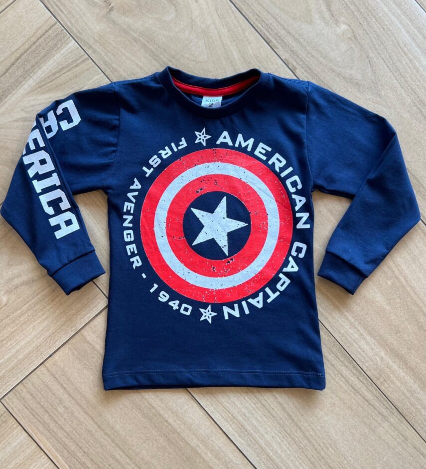 Camiseta Infantil Masculina Manga Longa Capitão América Azul Fernanda Ramos Kids