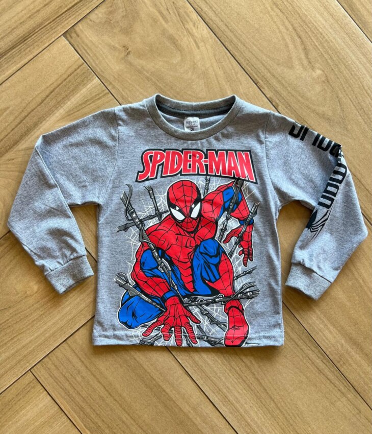 Camiseta Infantil Masculina Manga Longa Homem Aranha Cinza Fernanda Ramos Kids